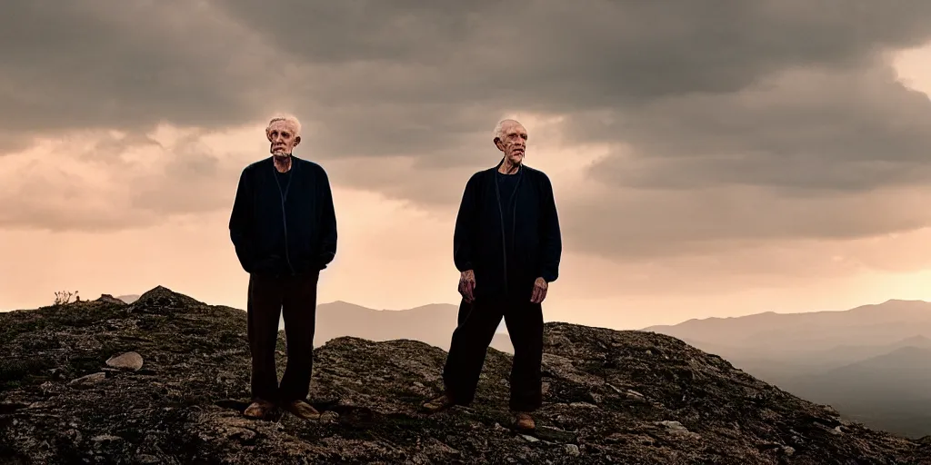 Image similar to portrait of a handsome old man and his son on top of a mountain overlooking a small village with moody lighting golden hour highly detailed sharp zeiss lens 1. 8 high contrast wolfgang tillmans ryan mcginley david armstrong robert mappelthorpe deanna lawson