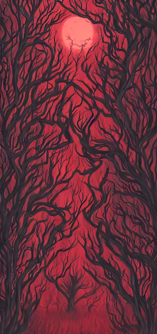 Image similar to demon heads and red trees by aaron boyd