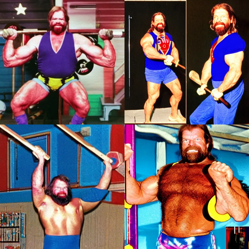 Prompt: hacksaw jim duggan lifting weights to get strong, lisa frank style