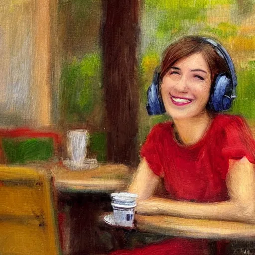 Prompt: a young woman smiling while listening to music in a coffee shop, impressionist style