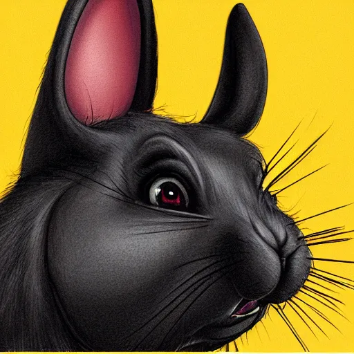 Image similar to A extremely highly detailed majestic hi-res beautiful, highly detailed head and shoulders portrait of a scary terrifying, horrifying, creepy black cartoon rabbit with scary big eyes, earing a shirt laughing, hey buddy, let's be friends, in the style of Walt Disney