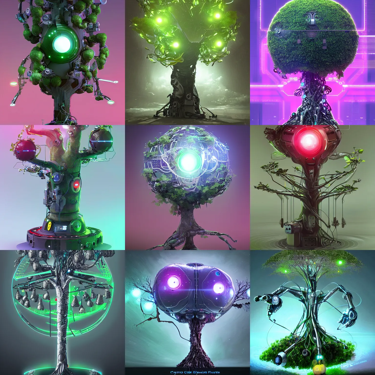 Prompt: a futuristic cybernetic tree growing robotic fruit, artstation, digital art