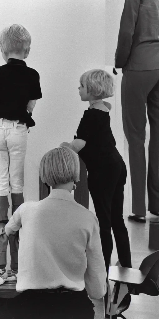 Prompt: A blond child from behind is standing in front of a female speech therapist with short black hair, ultra detailed, color, photography 1973, Kodak