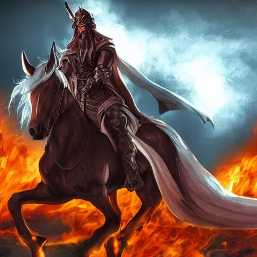 Image similar to epic wizard riding a horse into the gates of hell, holding a shotgun, realistic concept art