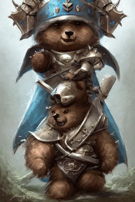 Image similar to cute little anthropomorphic bear knight wearing a cape and a crown, tiny, small, miniature bear, baby animal, short, pale blue armor, cute and adorable, pretty, beautiful, DnD character art portrait, matte fantasy painting, DeviantArt Artstation, by Jason Felix by Steve Argyle by Tyler Jacobson by Peter Mohrbacher, cinematic lighting