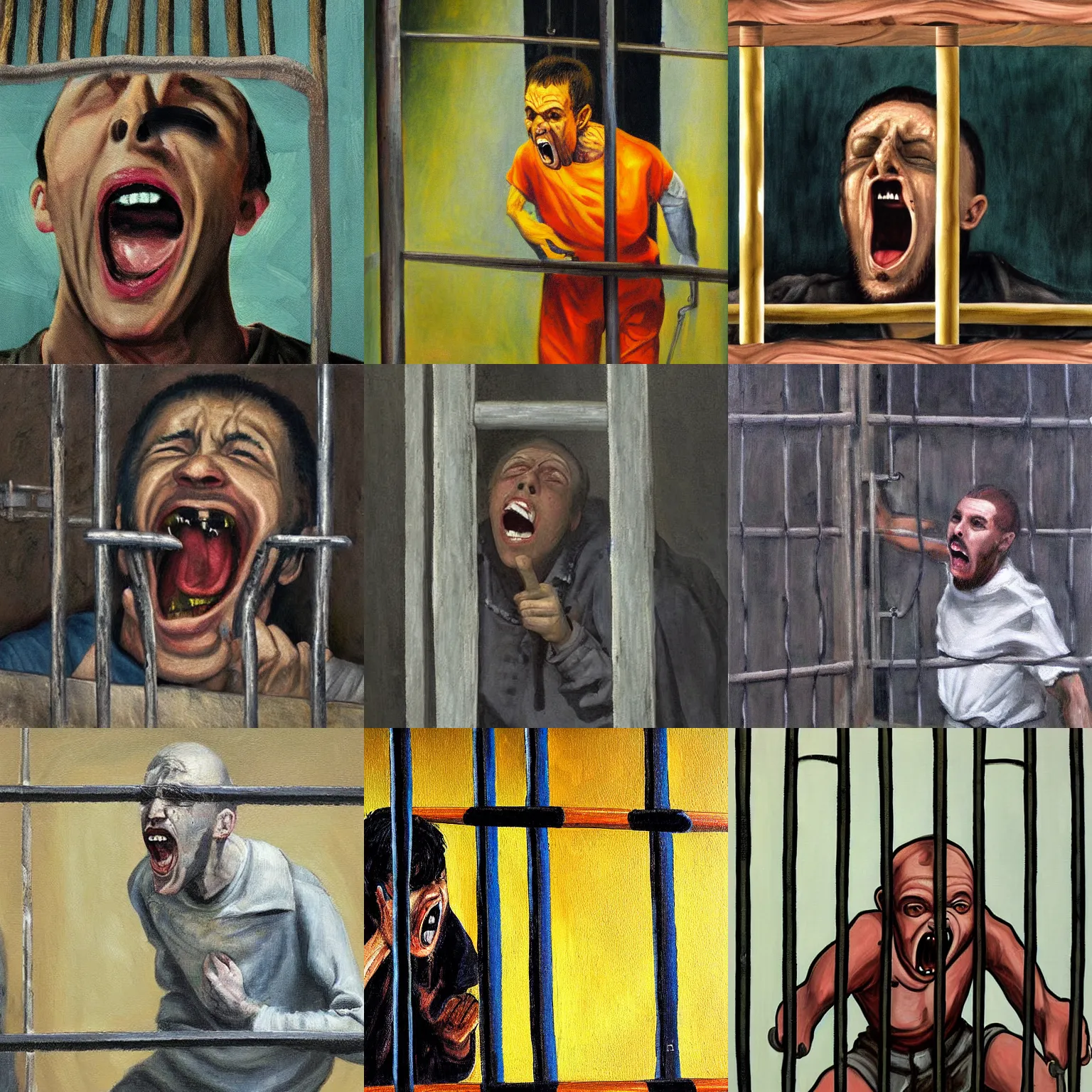 Image similar to a screaming prisoner holding prison bars, realism old painting