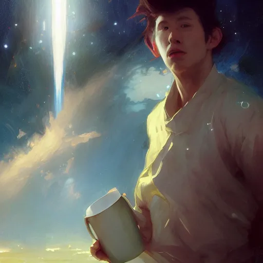 Image similar to A man drinking a cup of cosmic energy bright light, illustration by Ruan Jia and Mandy Jurgens and William-Adolphe Bouguereau, Artgerm, 4k, digital art, surreal, anime style, space dandy style, highly detailed, godsend, artstation, digital painting, concept art, smooth, sharp focus, illustration by Ruan Jia and Mandy Jurgens and William-Adolphe Bouguereau, Artgerm