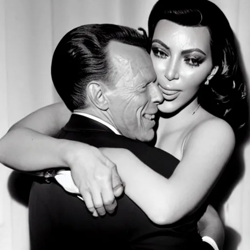 Image similar to Frank sinatra being hugged lovingly by kim kardashian