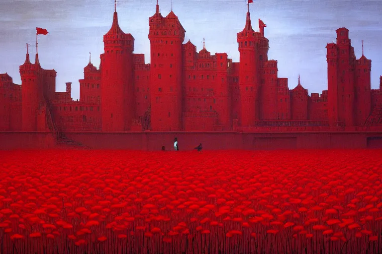 Image similar to only with red, red flowers of different types, red castle in background, red medieval big goblins, in the style of beksinski, parts by edward hopper, parts by rodcenko, parts by yue minjun, intricate and epic composition, red by caravaggio, insanely quality, highly detailed, masterpiece, red light, artstation, 4 k