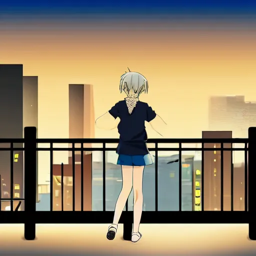 Image similar to a blonde, ponytailed woman stands on her balcony looking out at a city street at night, anime style