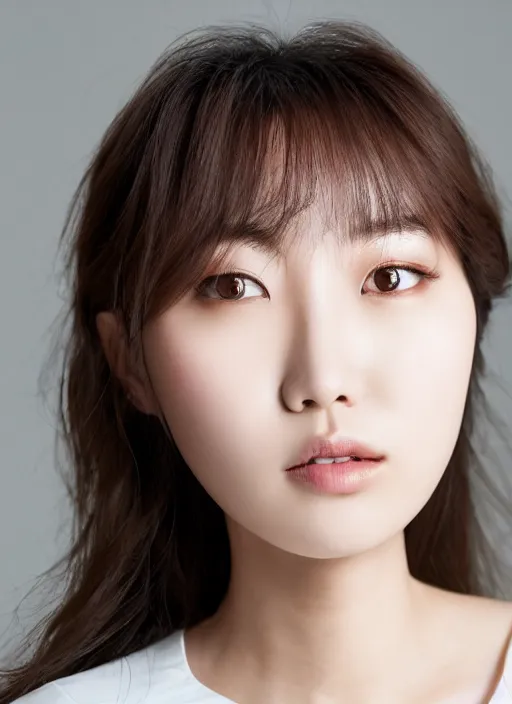 Image similar to Park shin-hye korean woman, portrait photo of a beautiful south korean woman, female model, soft smile, closed mouth showing no teeth, soft bright skin, brown hair, deep brown eyes, modern south korean makeup, soft makeup, studio lighting, solid white background, hyperrealistic, 8k, artstation, professional photo