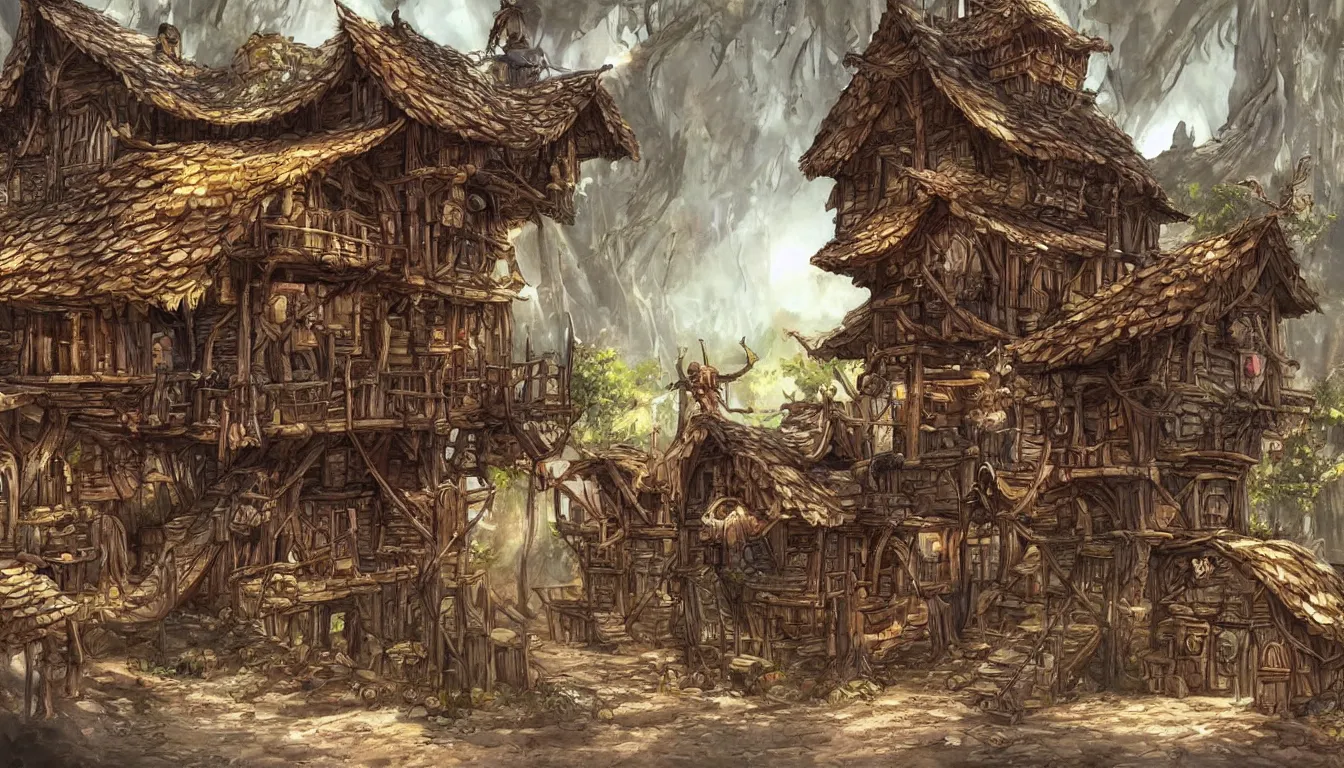 Image similar to Fantasy concept art of a baba yaga tavern. Tavern walks around on stilts. No people. Stilts have claws.