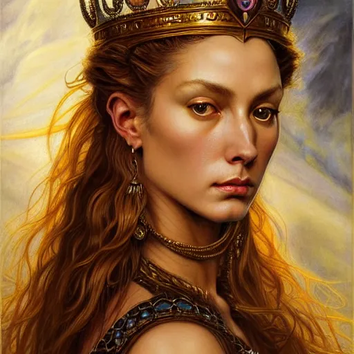 Prompt: highly detailed portrait of a majestic lioness queen in the form of a beautiful woman. d & d, art by donato giancola and evelyn de morgan and eugene delacroix and frank frazetta. trending on artstation, intricate details, energetic composition, golden ratio, concept art, illustration, elegant art, global illuminaition