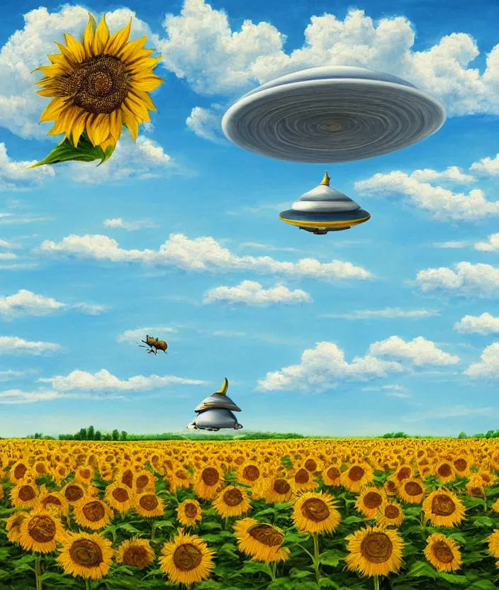 Prompt: a highly detailed painting of a sunflower field and an ufo abducting a cow, very fine brush strokes, baby blue sky with aesthetic clouds, 4 k,