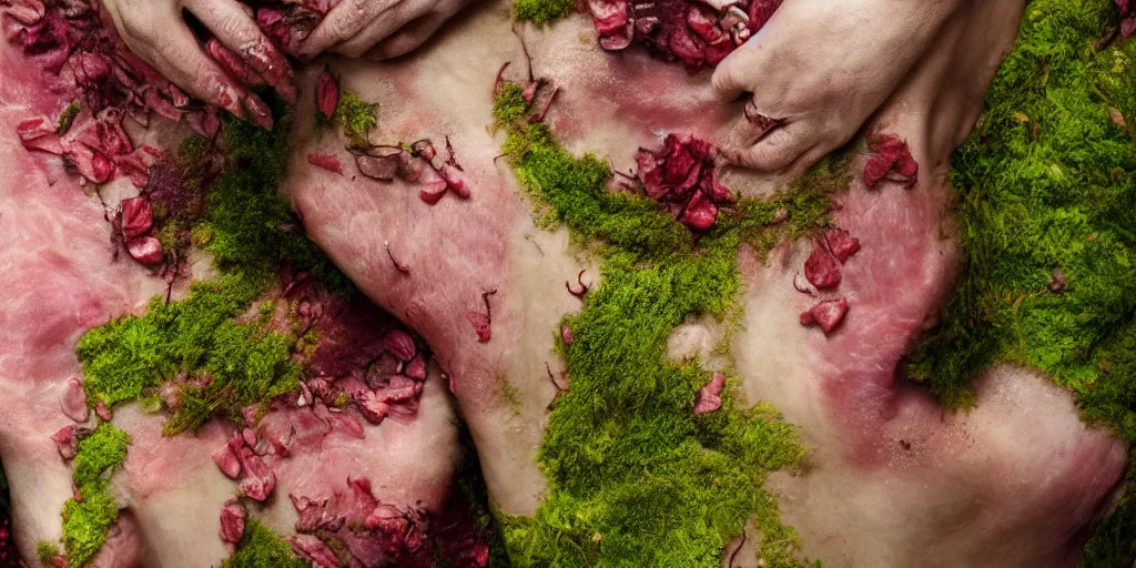 Prompt: details of moss growing on flesh and skin, meat, flower texture details, painitng, stab wound petals, oil on canvas, 4k, 8K, photorealistic, soft light, cinematic lighting, sharp, contrasting, dramatic light