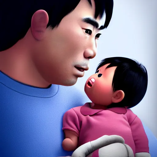 Prompt: asian man can ’ t believe his eyes as he holds a black baby at the hospital, artistic render, pixar art, trending on artstation