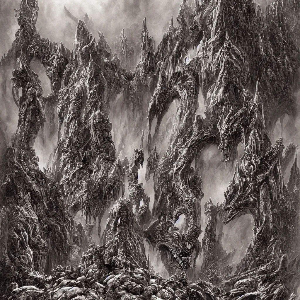 Prompt: dark alien castles, grotesque symmetrical towers and demonic tentacle dragon altars in the mountains of antarctica, upward cinematic angle, by rodney matthews, michael kaluta, stephen gammell and bill sienkiewicz, fantasy art, intense atmosphere, striking composition, ghost faces, monster statues, intricate, strange, ornate, digital art, hyperdetailed, colorful hyperrealism, photorealism, 8k