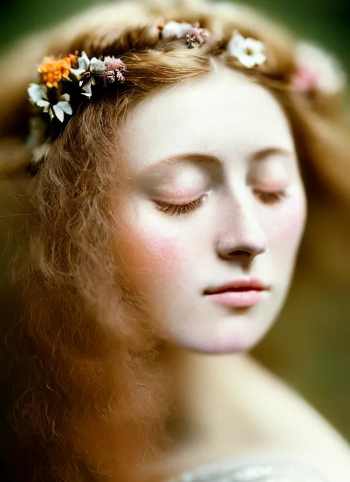 Image similar to Kodak Portra 400, 8K, soft light, volumetric lighting, highly detailed, britt marling style 3/4, Close-up portrait photography of a beautiful woman how pre-Raphaelites a woman with her eyes closed is surrounded by water, she has a beautiful lace dress and hair are intricate with highly detailed realistic beautiful flowers , Realistic, Refined, Highly Detailed, natural outdoor soft pastel lighting colors scheme, outdoor fine art photography, Hyper realistic, photo realistic