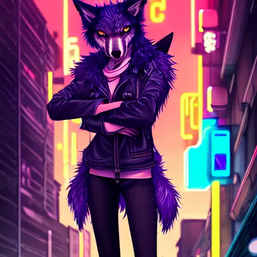 Image similar to beautiful furry digital art portrait commission of an androgynous furry anthro wolf fursona wearing punk clothes in the streets of a cyberpunk city. neon signs. character design by charlie bowater, ross tran, artgerm, and makoto shinkai, detailed, inked