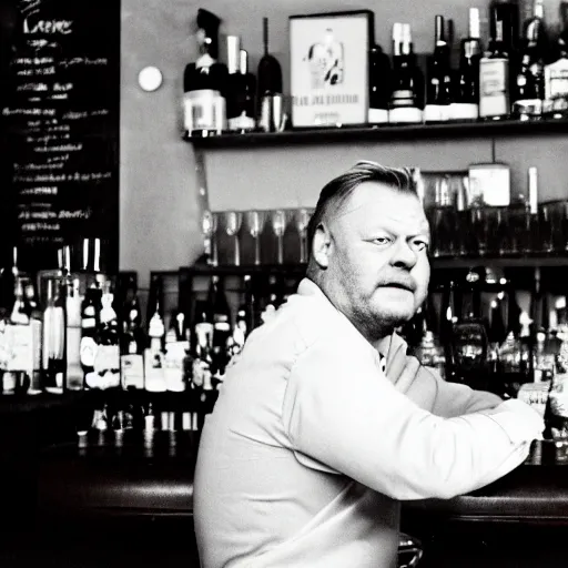 Prompt: lars løkke sitting drunk in the bar, film photo