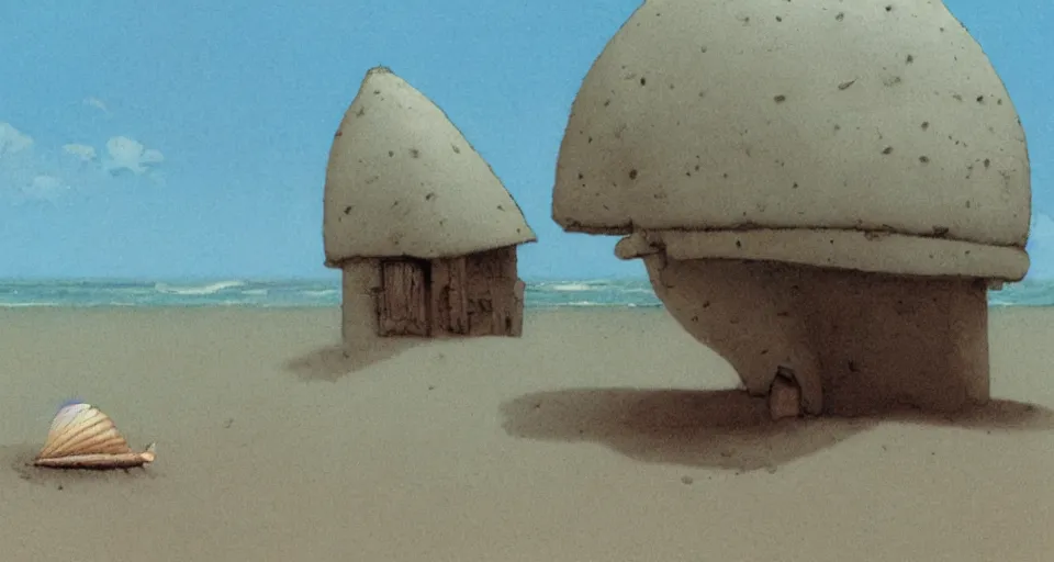 Image similar to a single seashell house in a deserted beach, still life, concept art by roger dean and john harris, atmospheric