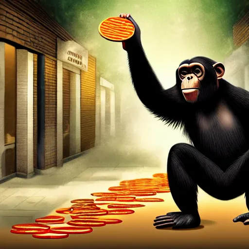 Image similar to a chimpanzee picking up pennies in a street while a steamroller is headed towards him, dramatic lighting, highly detailed digital painting