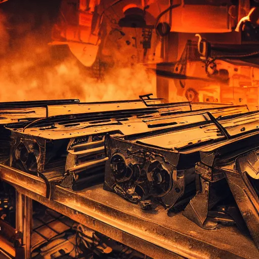 Image similar to line of toaster oven mecha heads on conveyor belt, dark messy smoke - filled cluttered workshop, dark, dramatic lighting, orange tint, sparks, cinematic, highly detailed, sci - fi, futuristic, movie still