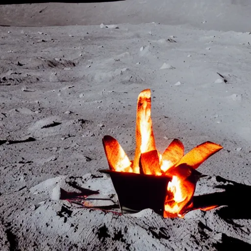 Image similar to photo of a family of fries making a campfire on the moon