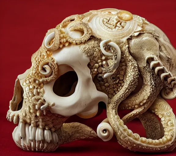 Image similar to an intricately detailed carving in an human - octopus skull, rococo ornate bone and ivory sculpted skull with teeth and tentacles, horror, artifact, micro detailed, inscribed with occult symbols, otherworldly