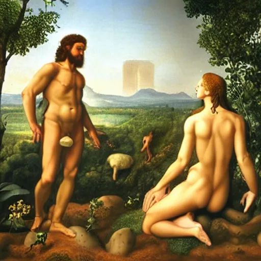 Prompt: god, contemplating adam and eve's future, in the garden of eden - photo - realistic