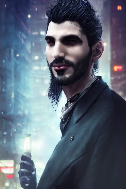 Prompt: 3 / 4 portrait, male greek vampire of clan banu haqim, from vampire the masquerade, night, loose braided hair, beautiful, in a modern city, neon signs, jewelry, tattoos, artstation, william bouguereau, rossdraws, greg rutkowski, super detailed, realistic, octane render, volumetric, cinematic, 8 k