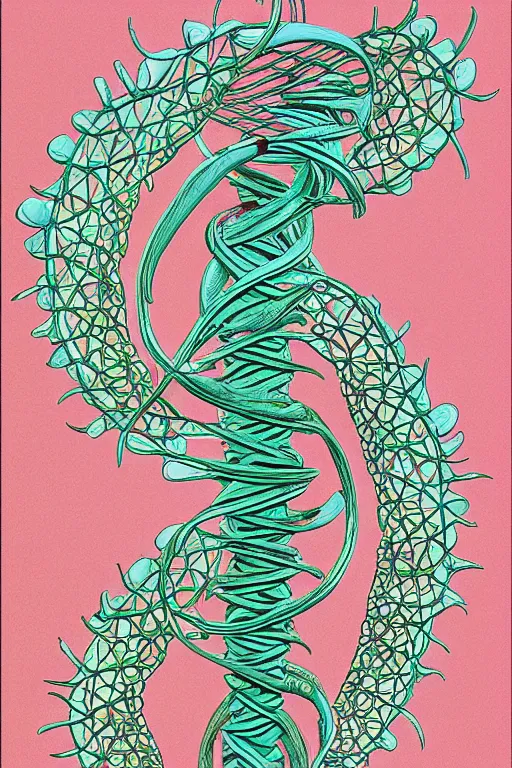 Prompt: flowers blooming on dna helix in the style of moebius, moebius art,