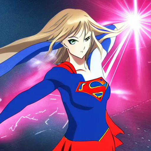 Image similar to anime visual of supergirl shooting laserbeams from her eyes