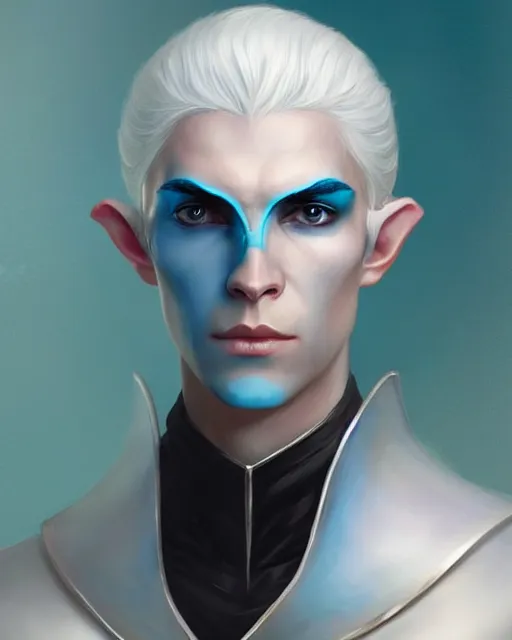 Image similar to character portrait of a slender young half elven man with white hair, piercing turquoise blue eyes, and pale blue skin, wearing sleek pearlescent black armor, by greg rutkowski and mark brookes and jim burns and tom bagshaw and magali villeneuve, trending on artstation