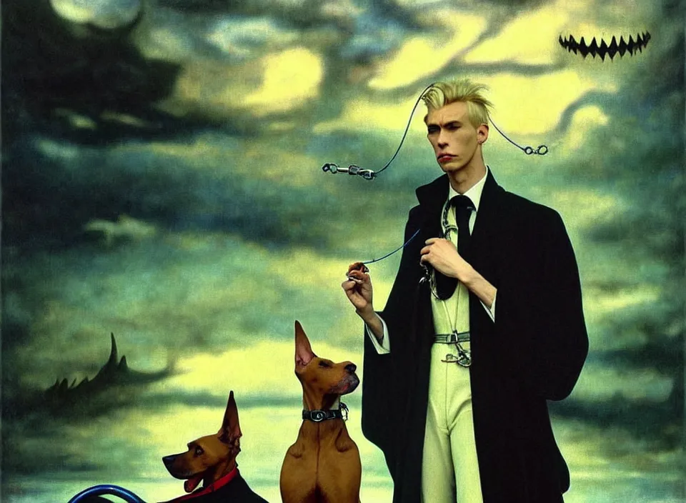 Image similar to realistic detailed portrait movie shot of an elegant blond male vampire with a doberman on a leash, sci fi landscape background by denis villeneuve, amano, yves tanguy, alphonse mucha, max ernst, caravaggio, roger dean, masterpiece, rich cold moody colours, dog teeth, blue eyes