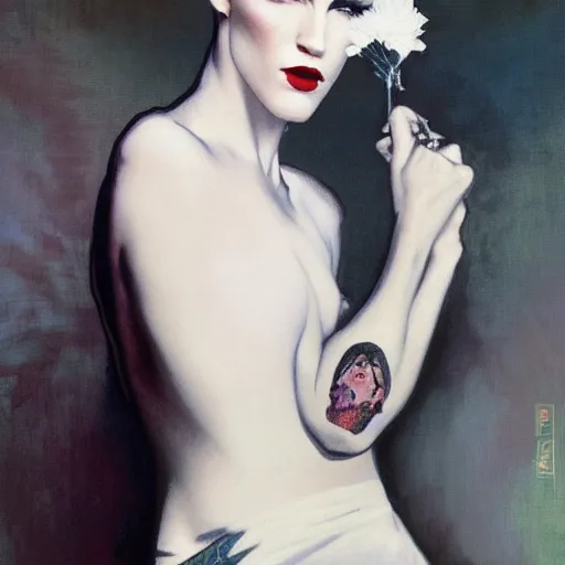 Image similar to ravishing portrait of androgynous ruby rose as desire from sandman in a white tuxedo!!!, rockabilly style,, by alphonse mucha, by jeremy mann, by peter lindbergh, dave mckean, by frank moth, white suit and black tie, soft lightning, high detailed, 8 k