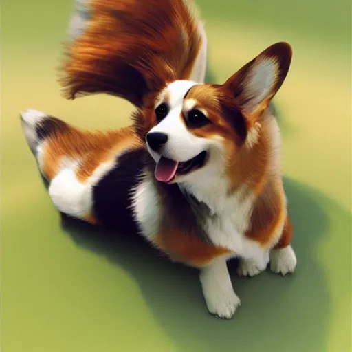 Image similar to corgi riding a sandra bullock concept art, ultra realistic, digital art, rich deep colors, smooth shadows, high resolution, cinematic