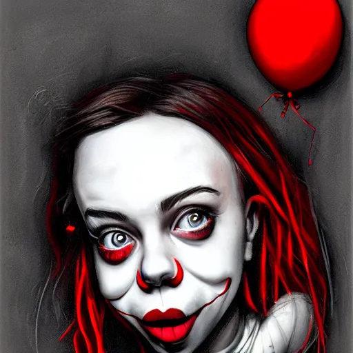 Prompt: surrealism grunge cartoon portrait sketch of billie eilish with a wide smile and a red balloon by - michael karcz, loony toons style, pennywise theme, horror theme, detailed, elegant, intricate