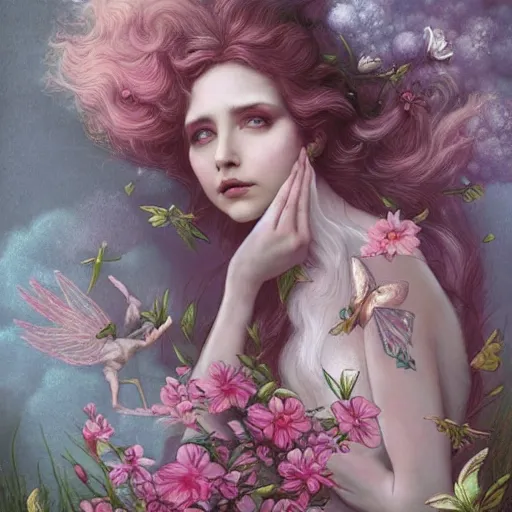 Prompt: a beautiful pink fairy with large wings and flowing hair exploring her lonely flower garden by herself in the style of tom bagshaw, extremely detailed, muted colors