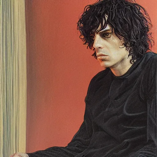 Image similar to amazing artgerm portrait of syd barrett as a preraphaelite painting, collaboration with j. scott campbell and artgerm with edward burn jones