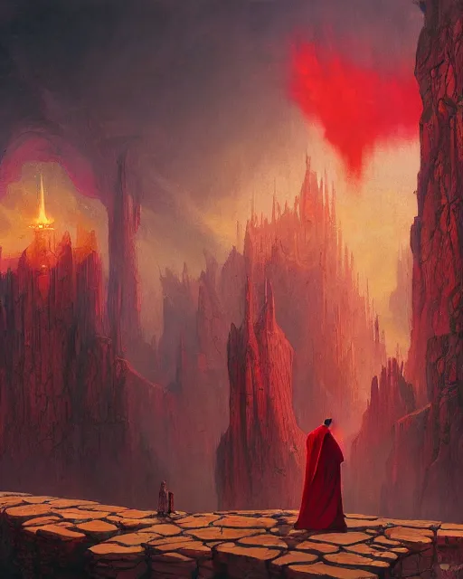 Prompt: a fantasy painting with a wizard in red robes in the foreground of a surreal environment by greg rutkowski and michael whelan