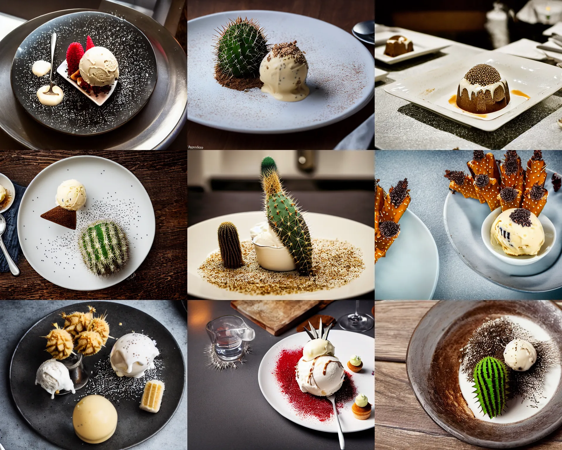 Image similar to a fine dining dessert plate of spiky cactus and ice cream, sugar sprinkled, food photography, michelin star, fine dining, bokeh