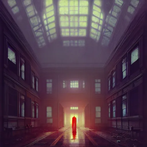 Image similar to psychiatric hospital asylum, horror scene, eerie atmosphere, by greg rutkowski and gaston bussiere, fluorescent lighting, beautiful volumetric - lighting - style atmosphere, futuristic atmosphere, intricate, detailed, photorealistic imagery, artstation