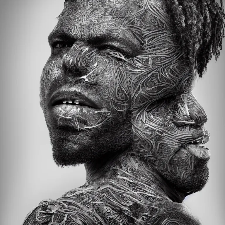 Image similar to surreal spinal ribbed tribal exotic organic face portrait of a beautiful aboriginal man, beautiful detailed intricate insanely detailed BW 3D render digital art, octane render, 8K artistic photography, photorealistic