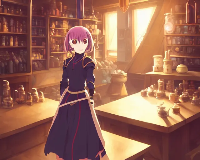 Prompt: anime visual, portrait of a young female knight in a alchemist's shop interior buying potions, cute face by yoh yoshinari, katsura masakazu, cinematic luts, cold studio lighting, dynamic pose, dynamic perspective, strong silhouette, anime cels, ilya kuvshinov, cel shaded, crisp and sharp, rounded eyes