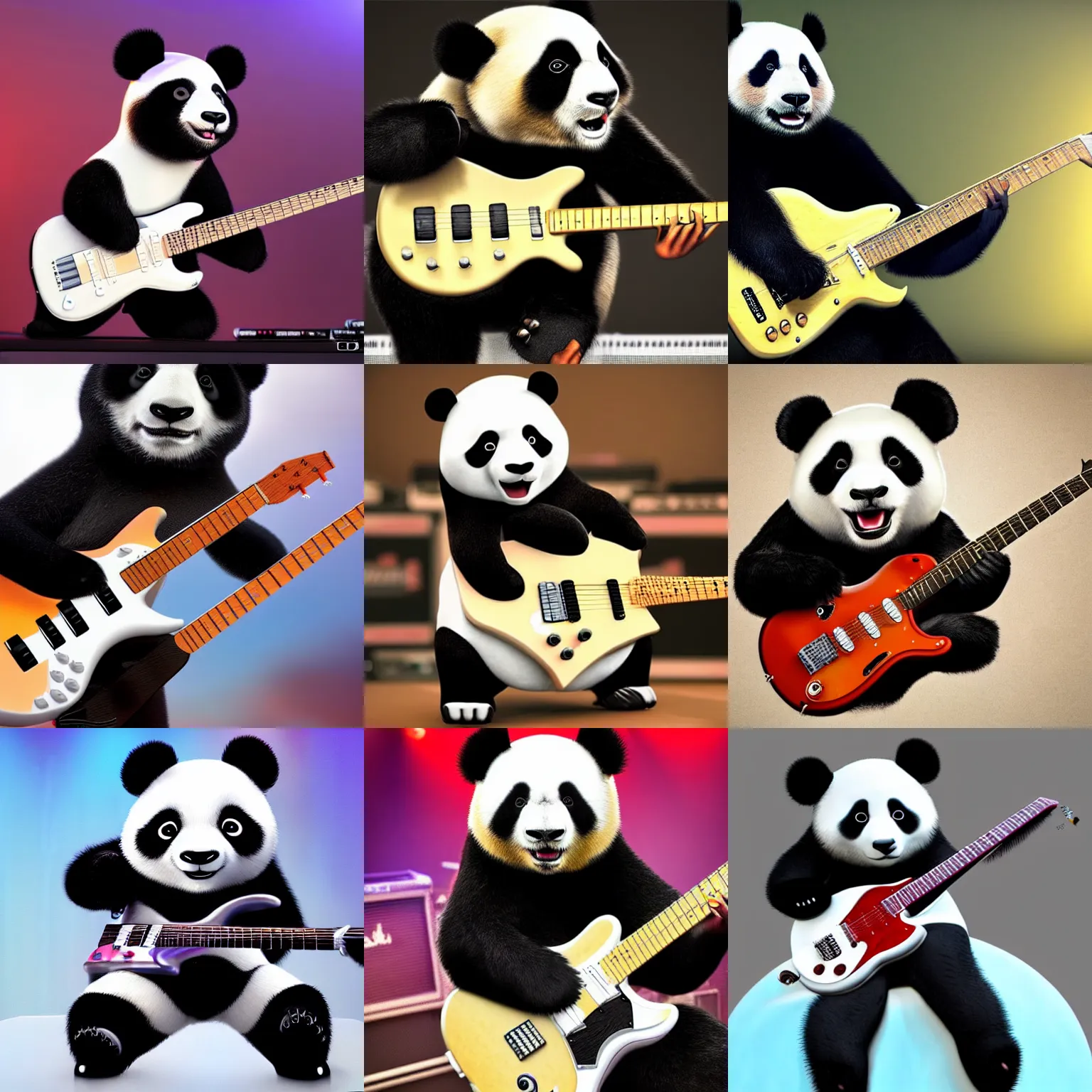 Prompt: a high quality photo of panda singing, and playing electric guitar, on stage in a rock concert, render, ultra realistic, cgsociety