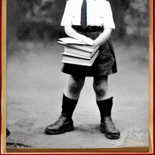 Image similar to adolf hitler as a little child in a school uniform carrying books, hitler mustache, white background, full color digital art, cartoon