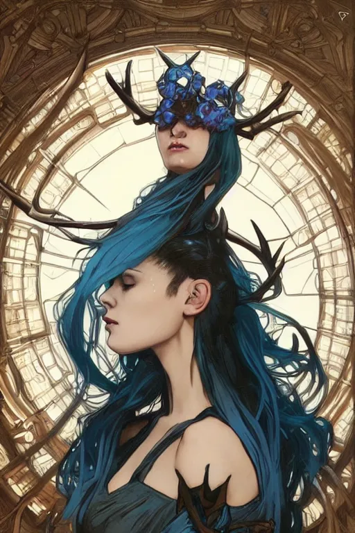 Image similar to fullbody!! dynamic action pose illustration, art by artgerm and greg rutkowski and alphonse mucha, beautiful woman with blue hair, antlers on her head, long flowing intricate black dress, dnd, face, fantasy, intricate, elegant, highly detailed, digital painting, artstation, concept art, smooth, sharp focus,