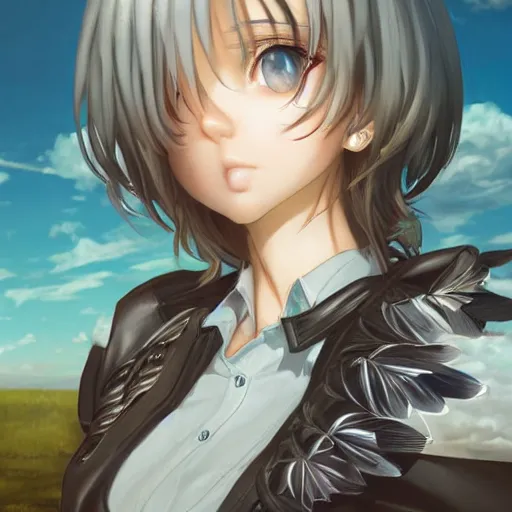 Prompt: girl with uniform and metal wings, serious, finely detailed, made by wlop, artgerm, ross tran, full body portrait, illustration, grass, sunny, sky, anime, side view, perfect anime face, detailed face, zoomed out, smooth,