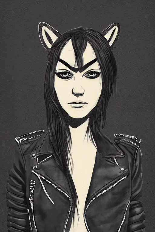 Image similar to portrait of a punk girl wearing a leather jacket with a wolf's head over her face, artwork by boneface